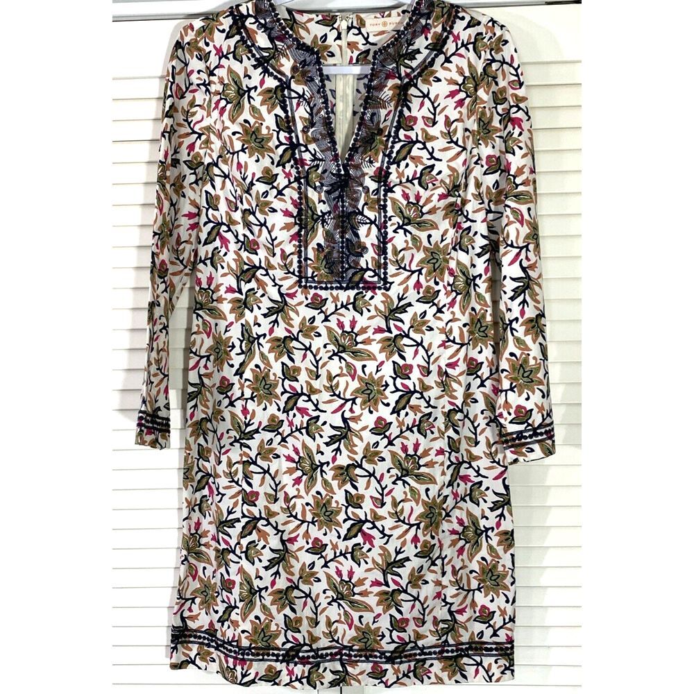 TORY BURCH Floral Embroidered Boho Dress Zip Back Size 8